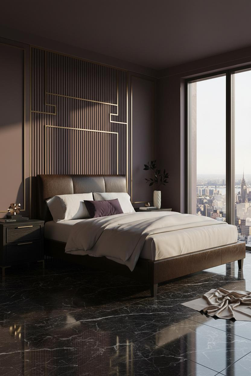 Bright penthouse bedroom with leather bed frame, matte black nightstand, soft neutral bedding, warm natural light from floor-to-ceiling windows, modern luxury apartment aesthetic.