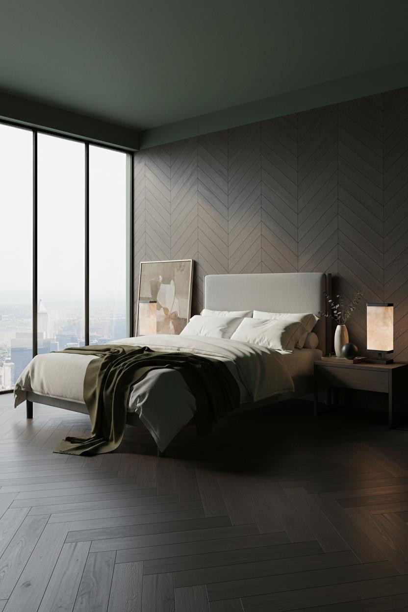 Bright penthouse bedroom with modern bed frame, soft neutral bedding, warm ambient bedside lamp, floor-to-ceiling windows, light wood accents, and minimalist decor creating a cozy luxury aesthetic.