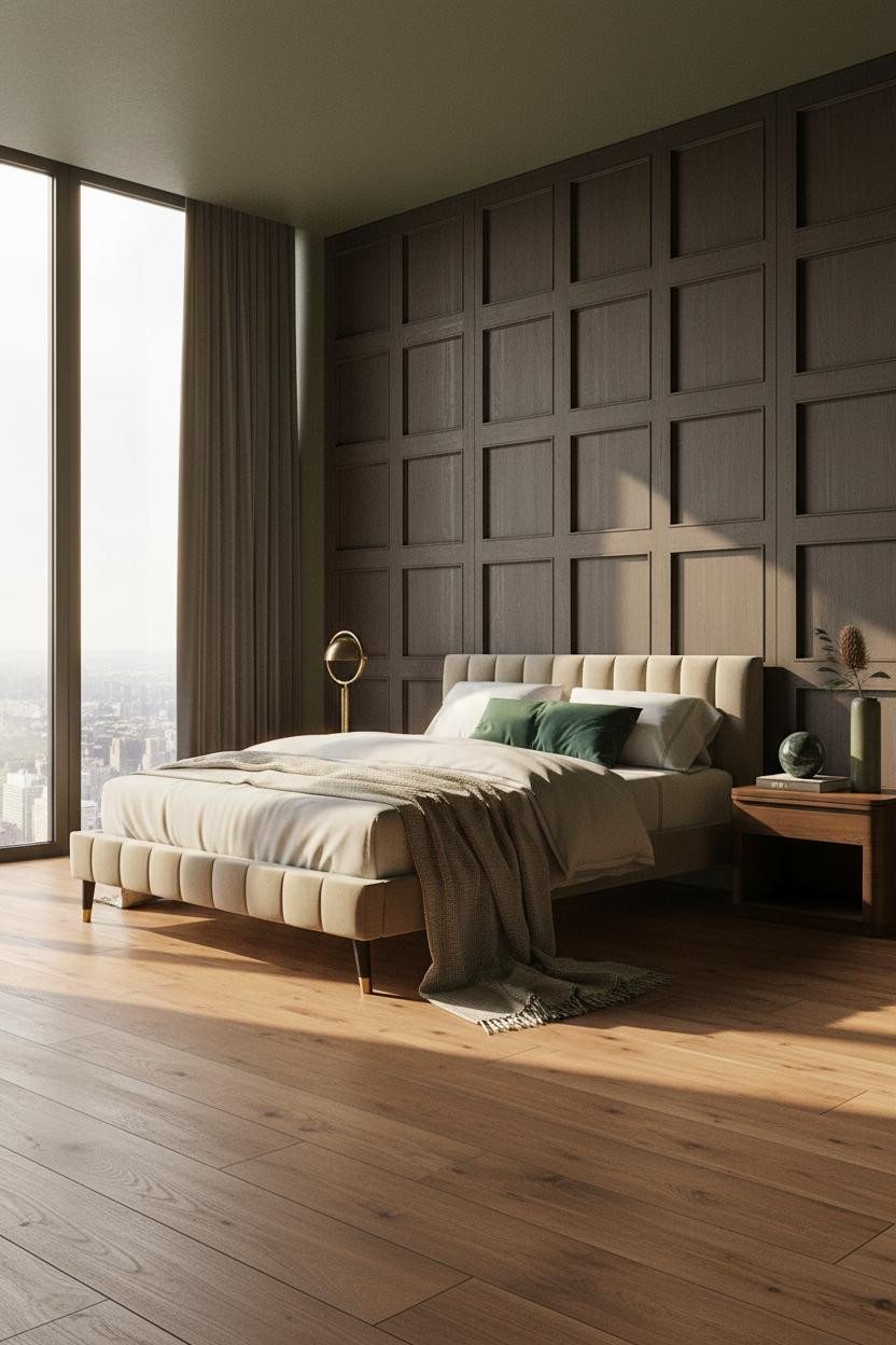 Bright penthouse bedroom with modern bed frame, cream bedding, wooden nightstand, soft natural light from large windows, neutral palette, contemporary luxury apartment design.