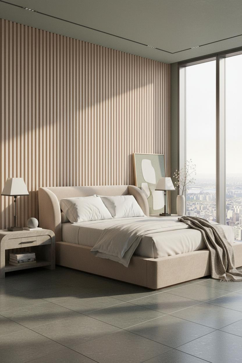 Bright penthouse bedroom with modern bed frame, brass bedside lamp, cream bedding, soft neutral walls, large windows with natural daylight, and minimalist luxury aesthetic.