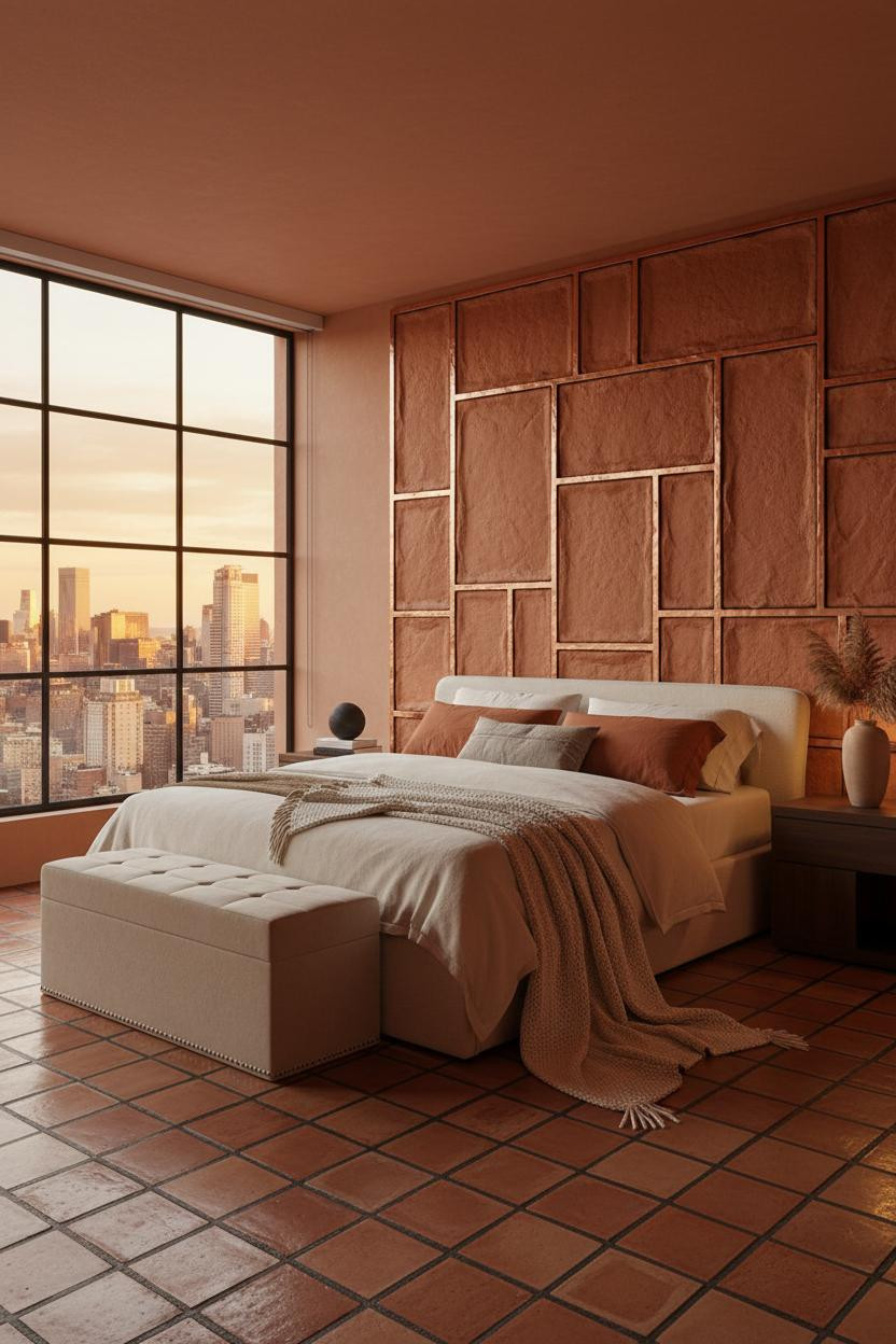 Bright, airy penthouse master bedroom with neutral cream bedding, modern platform bed frame, soft natural light from floor-to-ceiling windows, matte brass accents, and upholstered storage bench in warm beige tones.