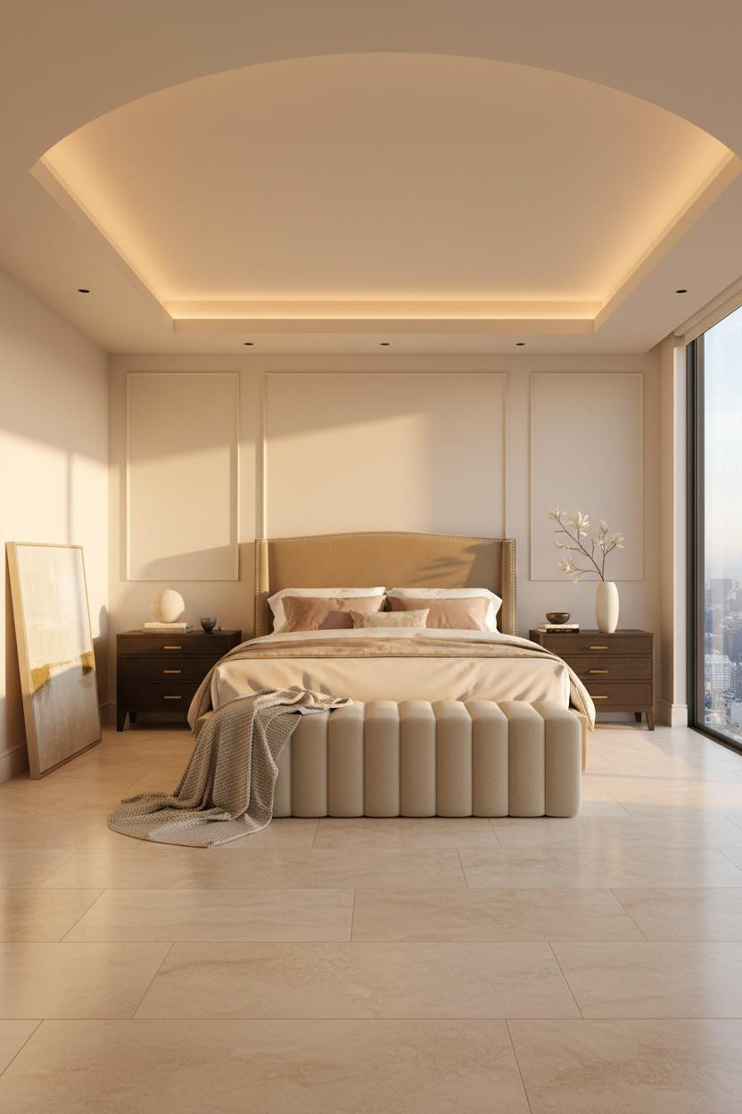 Bright penthouse bedroom with modern bed frame, cream bedding, and channel ottoman at foot of bed. Soft natural light from large windows, neutral palette, minimalist luxury aesthetic.