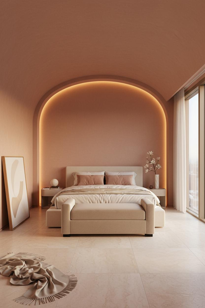 Bright penthouse bedroom with modern bed frame, cream bedding, soft cushioned bench at foot, neutral palette, natural window light, minimalist luxury aesthetic, warm wood accents, spacious airy layout.