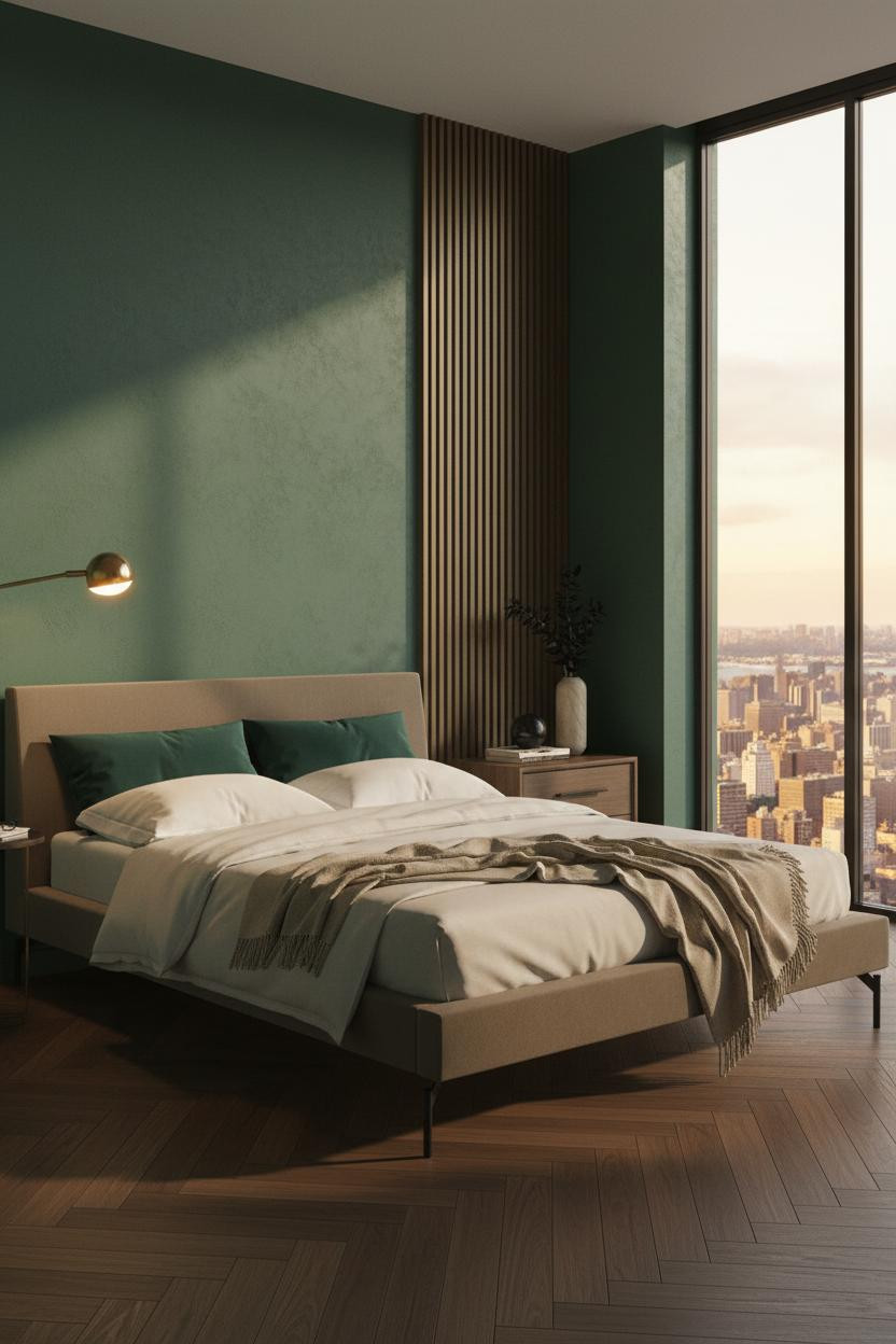 Bright penthouse bedroom with modern bed frame, wood nightstand, cream bedding, soft natural window light, neutral palette, spacious airy layout, luxury apartment aesthetic.