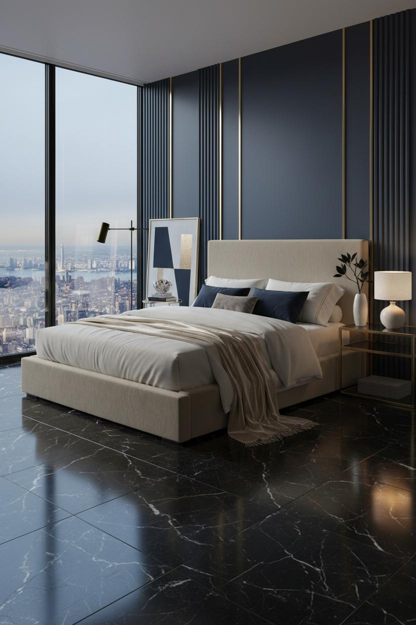 Bright penthouse bedroom with neutral tones, soft natural light from floor-to-ceiling windows, modern bed frame, brass bedside lamp, and minimalist luxury apartment aesthetic.