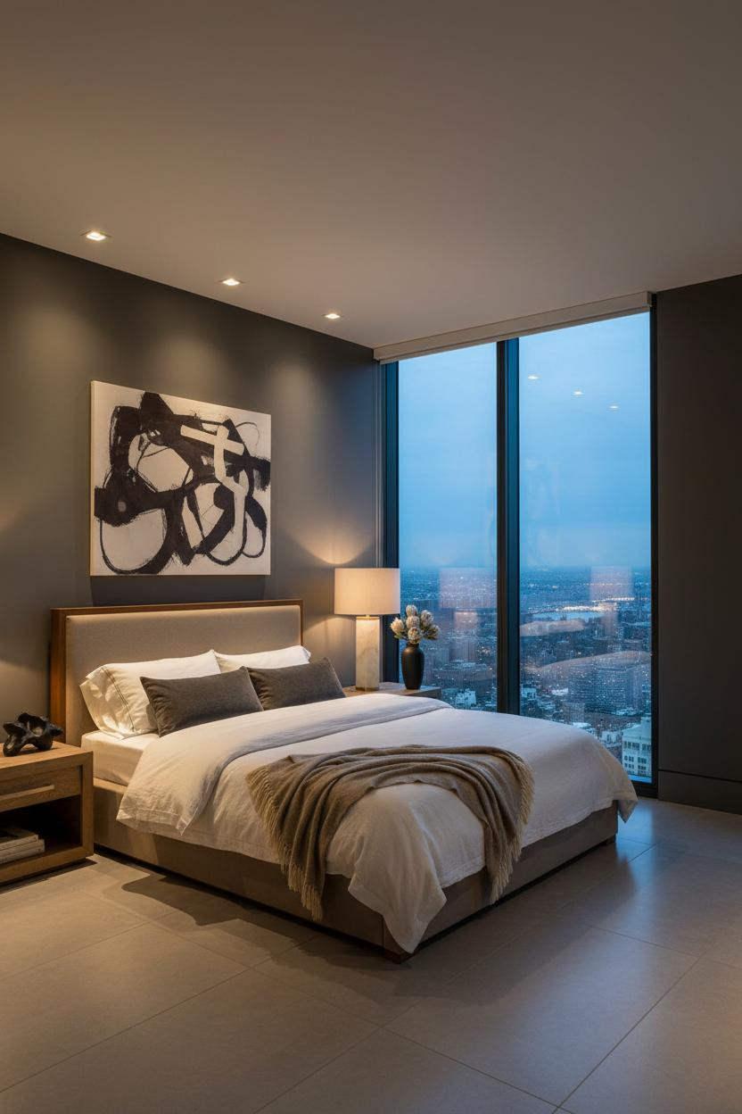 Bright penthouse bedroom with neutral tones, quality bed frame, soft bedside lamp, large windows with natural daylight, clean modern aesthetic, luxury apartment interior design.
