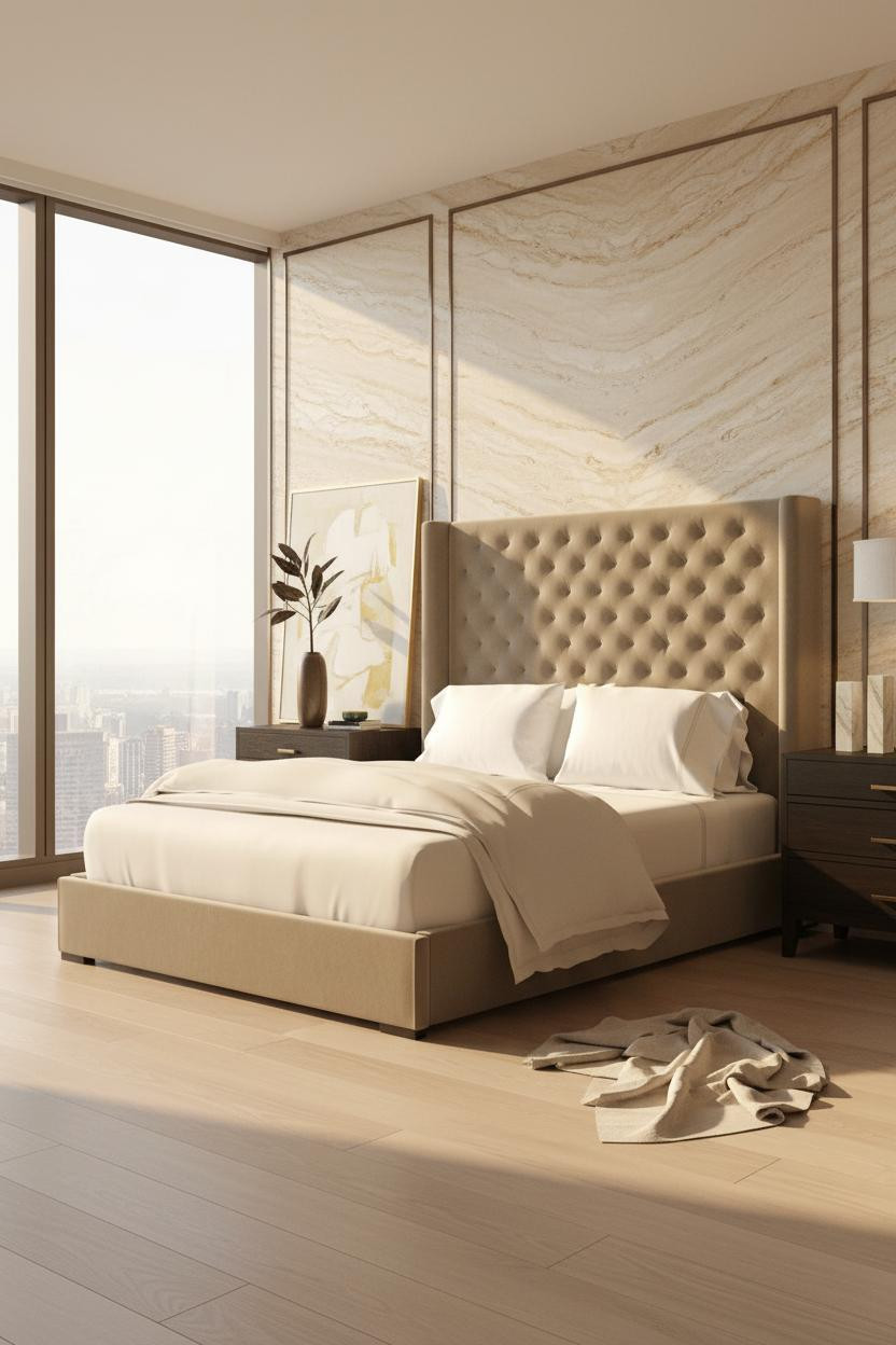 Bright penthouse bedroom with neutral bedding, modern bed frame, brass bedside lamp, soft natural light from windows, cream and beige color palette, minimalist luxury aesthetic.