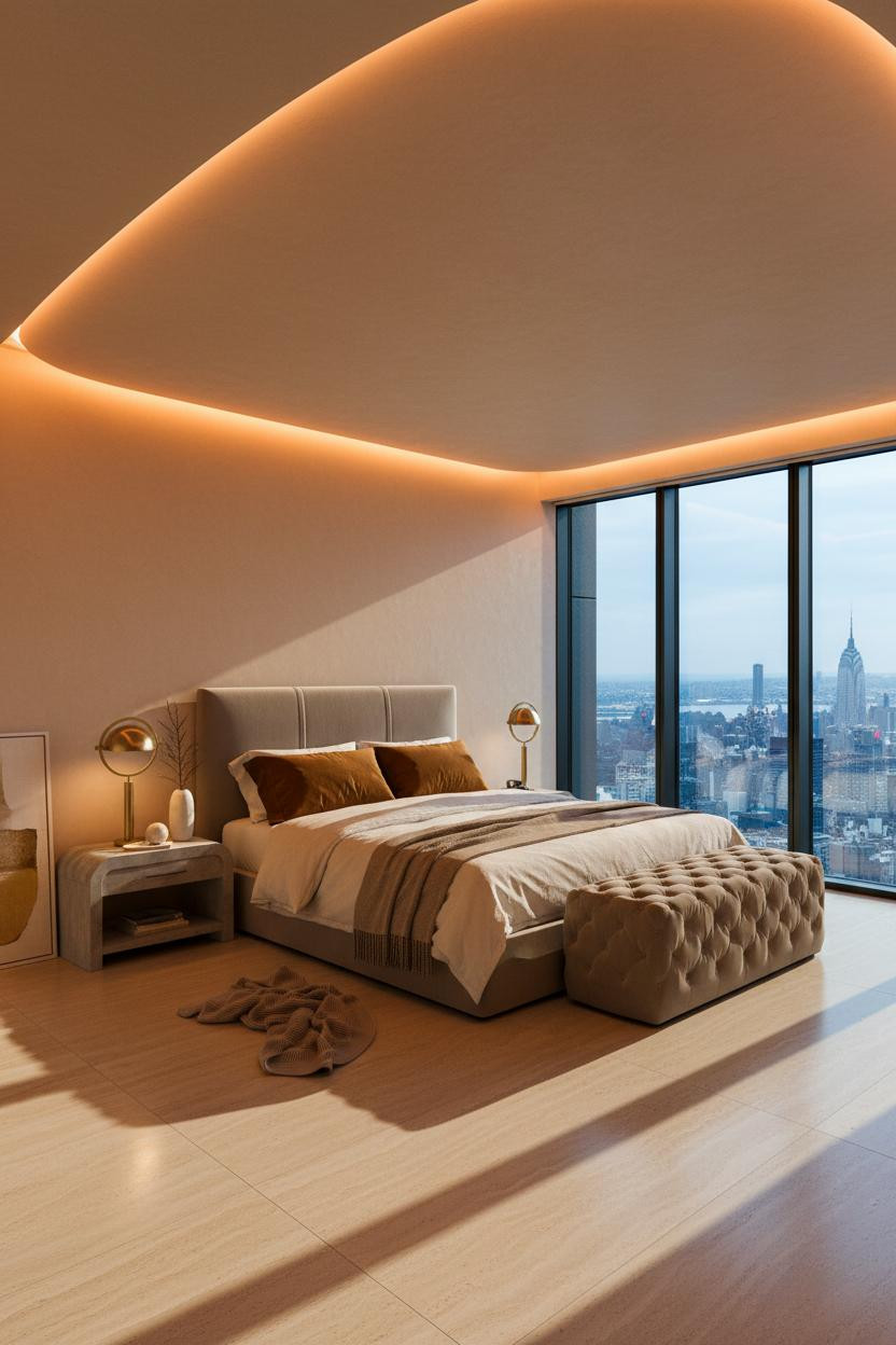 Bright penthouse bedroom with upholstered bed frame, tufted ottoman, neutral bedding, soft natural light from windows, warm wood flooring, modern luxury apartment aesthetic.