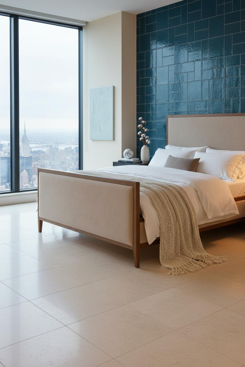 Bright penthouse bedroom with cream upholstered bed frame, brass bedside lamp, soft neutral bedding, and floor-to-ceiling windows with natural daylight in modern luxury apartment.