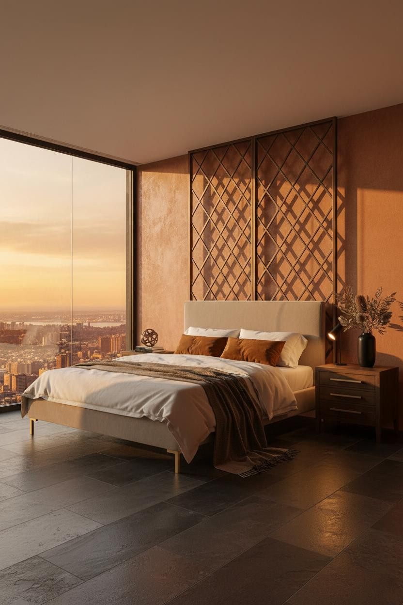 Bright penthouse bedroom with upholstered bed frame, matte brass nightstand, cream bedding, soft natural light from floor-to-ceiling windows, neutral palette, modern luxury apartment aesthetic.