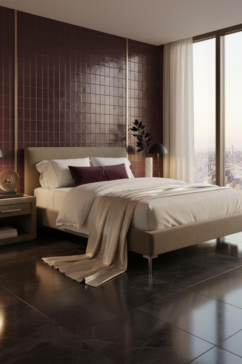 Bright penthouse bedroom with upholstered bed frame, brass bedside lamp, soft neutral bedding, large windows with city views, warm wood flooring, and minimalist modern decor in cream and warm white tones.