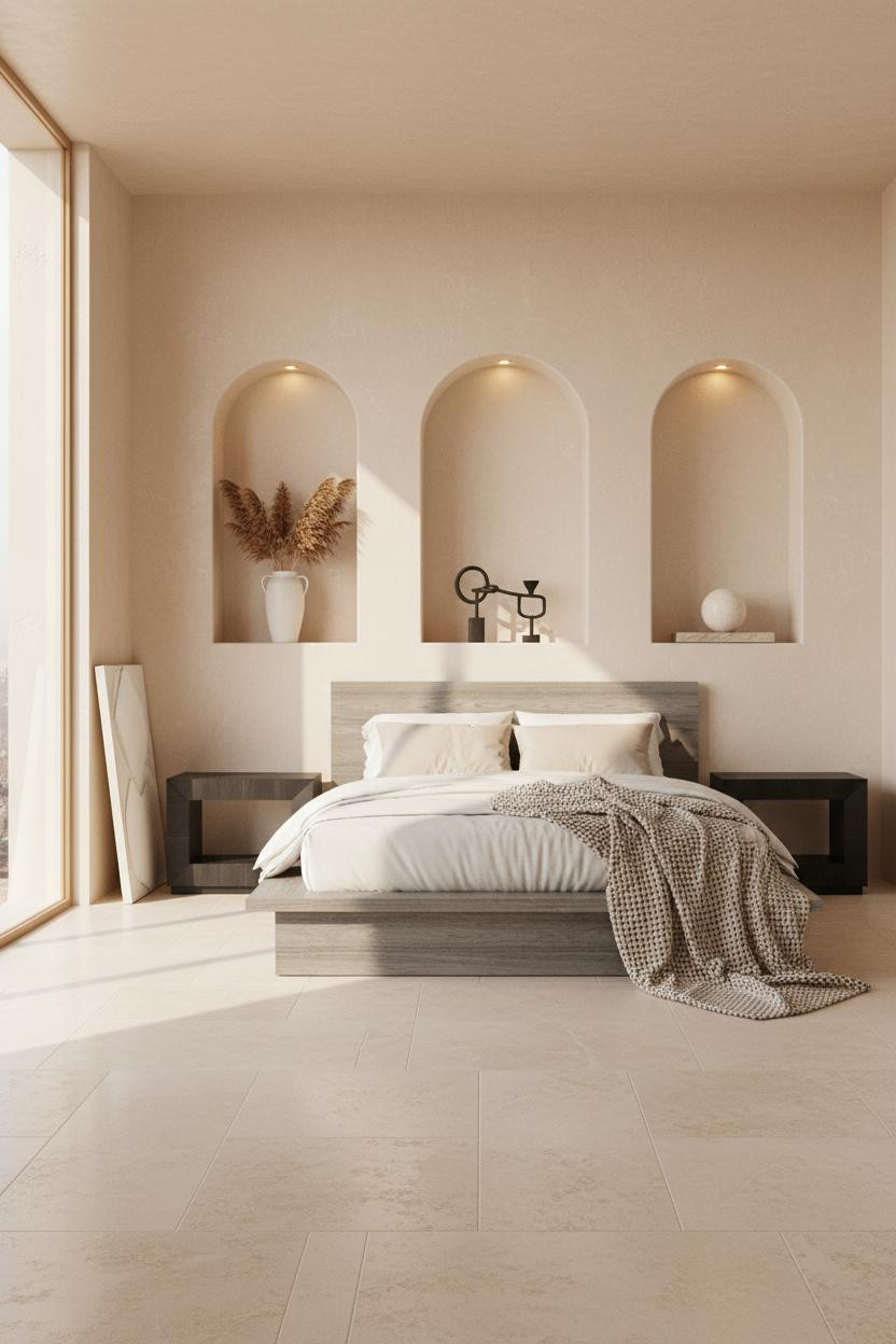 Bright penthouse bedroom with upholstered bed frame, wooden nightstand, soft neutral bedding, warm natural light from large windows, modern minimalist decor, cream and beige color palette.