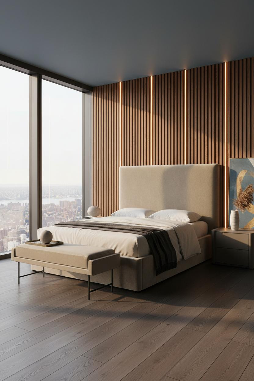 Bright penthouse bedroom with cream upholstered bed frame, soft linen bedding, cushioned bench at foot, warm wood flooring, floor-to-ceiling windows, neutral palette, modern luxury aesthetic.