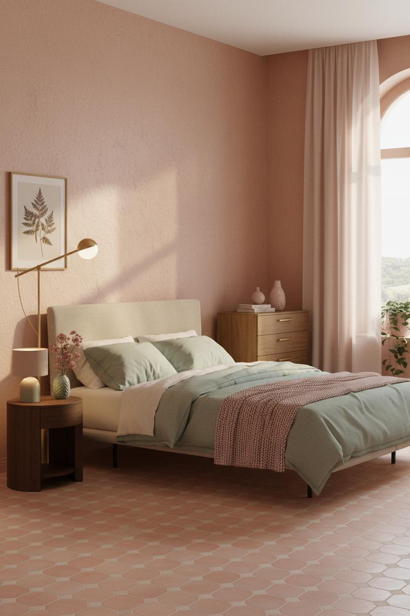 Bright, airy bedroom with pink and sage green walls, upholstered bed frame, wooden nightstand, natural light from window, soft neutral bedding, eclectic art deco accents, clean minimalist decor.