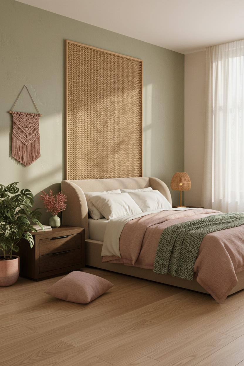 Bright bedroom with soft pink walls, sage green accents, natural wood bed frame, cream bedding, wooden nightstand, and warm daylight from windows creating calm earthy aesthetic.