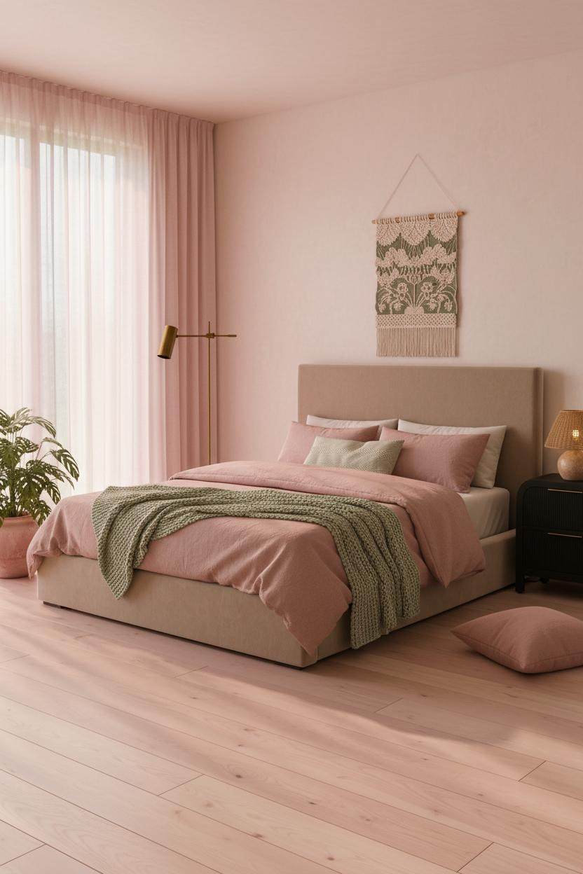Bright bedroom with pink and sage green walls, natural wood bed frame, cream bedding, wooden nightstand, soft natural light from windows, minimalist eclectic decor with warm neutral tones.