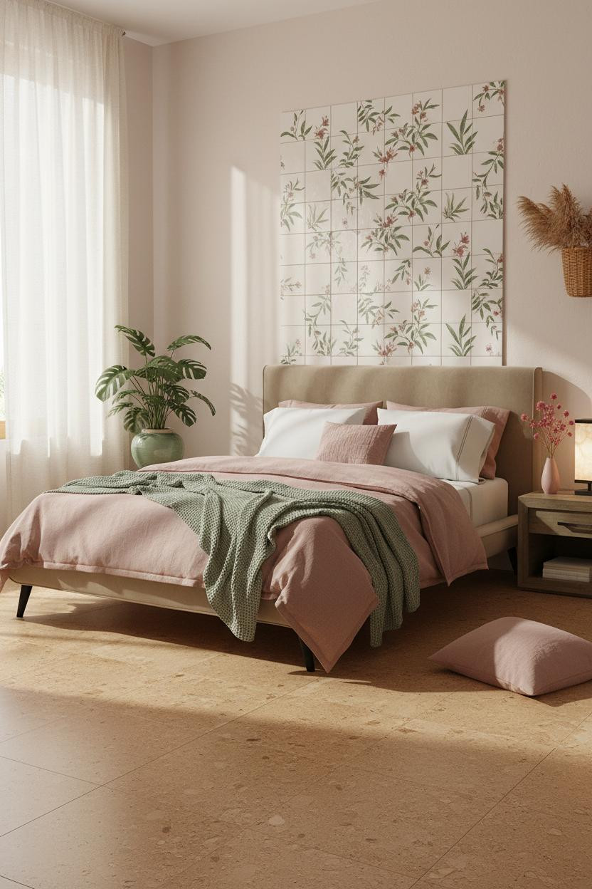Bright bedroom with soft pink walls, sage green accents, natural wood bed frame, cream bedding, brass bedside lamp, and warm natural light from window creating calm earthy aesthetic.