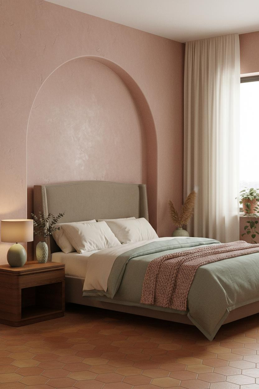 Bright pink and green bedroom with sage green walls, blush pink bedding on wooden bed frame, natural wood nightstand, soft daylight from window, neutral rug, minimalist decor.