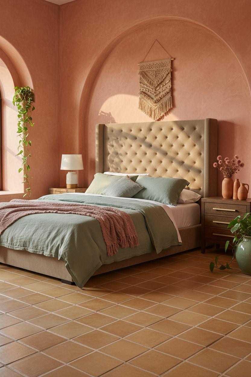 Bright bedroom with sage green walls, pink bedding, natural wood nightstand, soft white ceiling, and warm daylight from window creating calm, earthy aesthetic.
