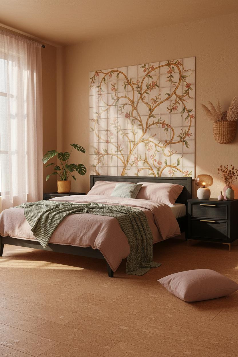 Bright bedroom with soft pink walls, sage green accents, natural wood bed frame, matte black nightstand, and warm daylight from window creating calm, eclectic aesthetic.