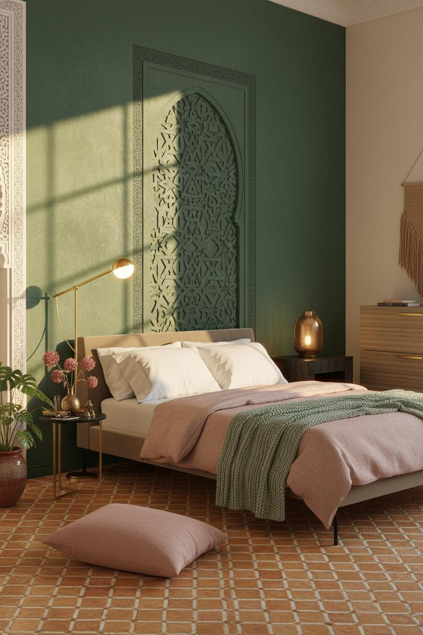 Bright bedroom with soft pink walls, sage green accents, natural wood bed frame, matte brass nightstand, and warm daylight from window creating airy, earthy Japandi aesthetic.