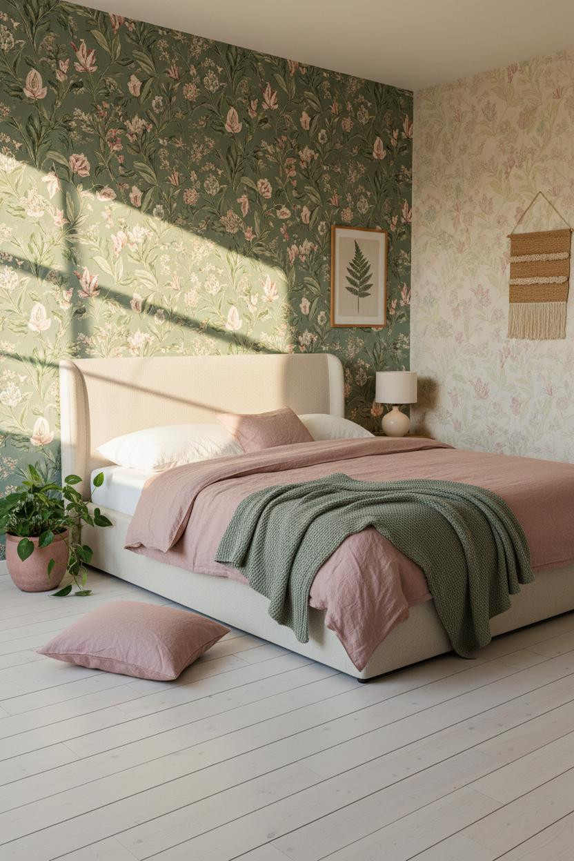 Bright bedroom with sage green walls, pink bedding on wooden bed frame, natural light from window, matte brass bedside lamp, cream and green color palette, minimalist eclectic decor.