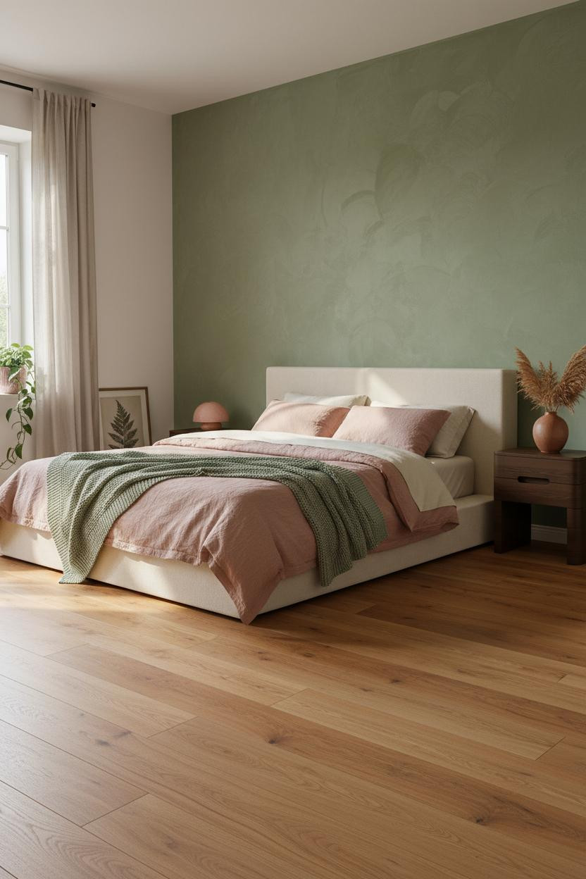 Bright bedroom with soft pink accent wall, sage green side wall, natural wood nightstand, white bedframe, potted plants, and warm daylight from window.