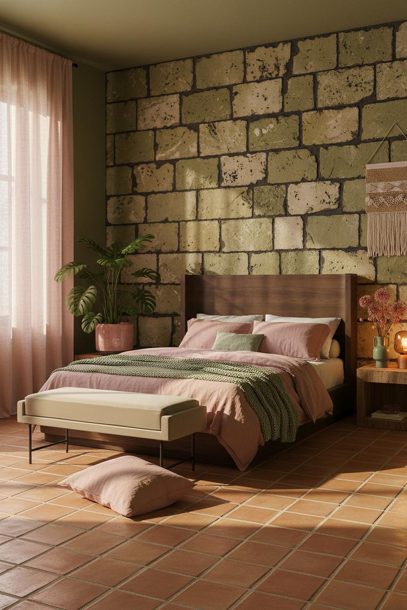 Bright bedroom with soft pink walls, sage green accents, natural wood bed frame, cream bedding, and cushioned bench near window with warm natural light.