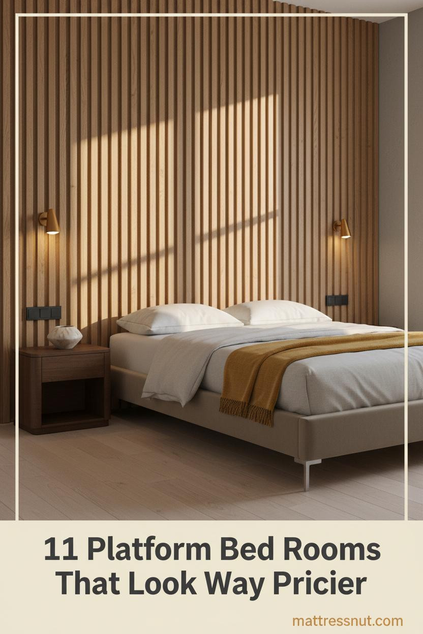 Minimalist bedroom with fluted oak wall panels, stone-washed linen bedding, mustard wool throw, and warm sconce lighting on a platform bed