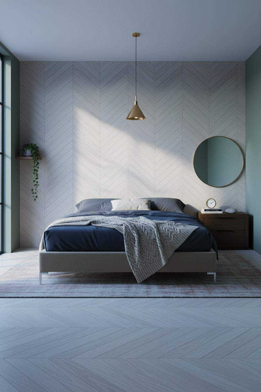 Platform Bed Minimalist Herringbone Feature Wall