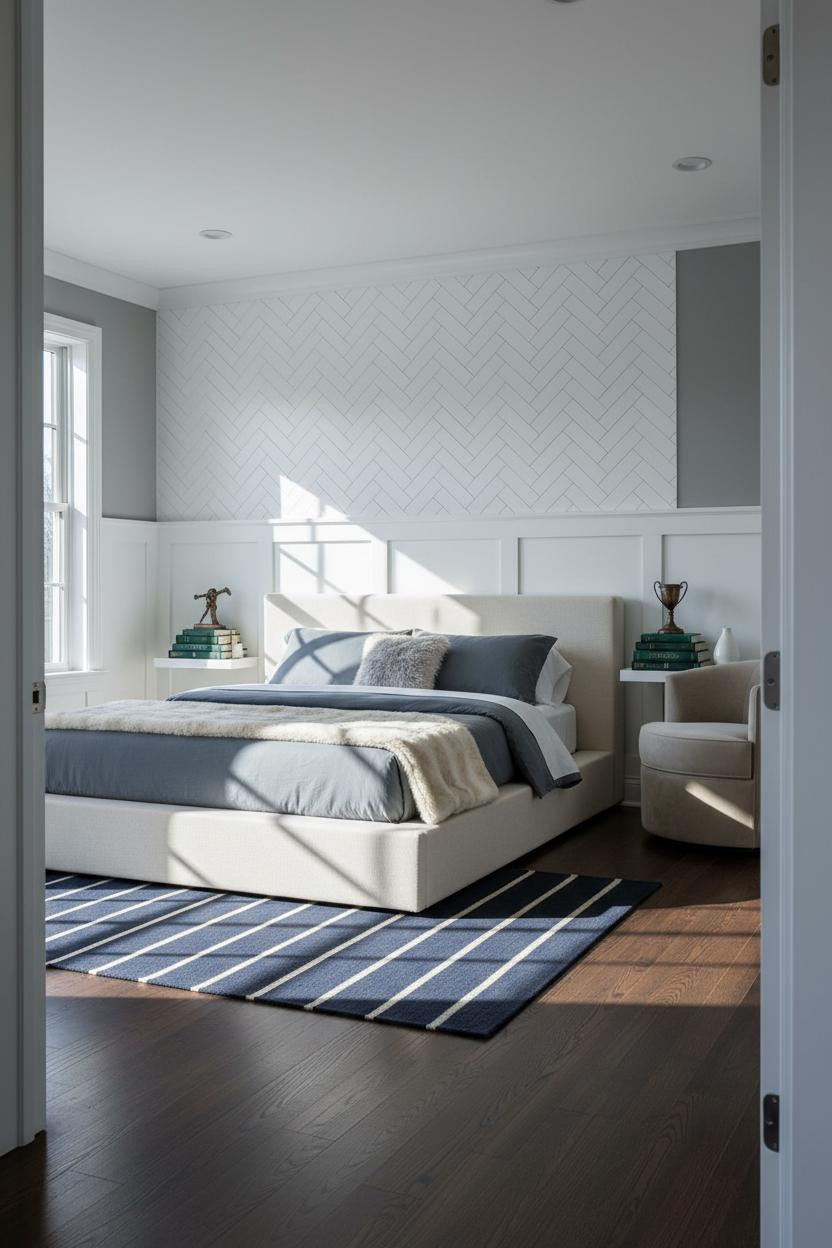 Preppy Teen Bedroom Herringbone Wood Accent Wall
