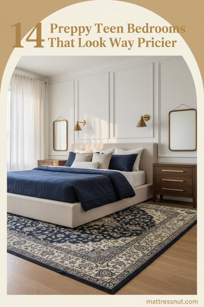 Preppy teen bedroom with white raised-panel molding, navy striped duvet, ivory pillows, brass mirror, and warm oak floors