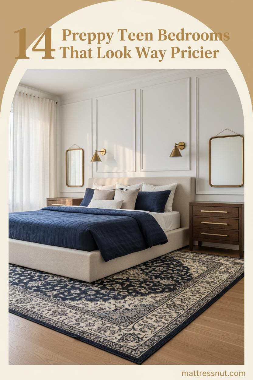 Preppy teen bedroom with white raised-panel molding, navy striped duvet, ivory pillows, brass mirror, and warm oak floors