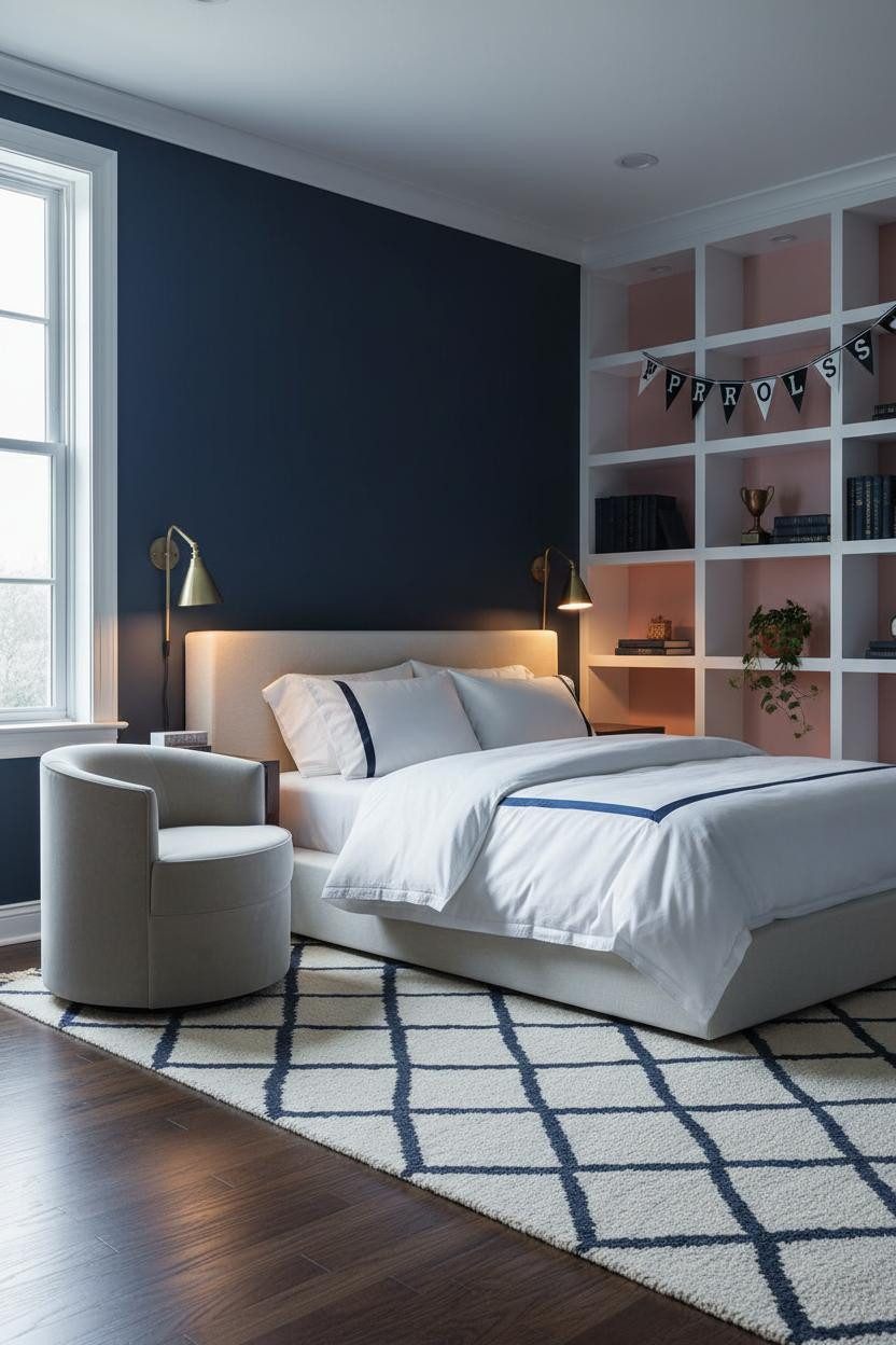 Preppy Teen Bedroom Navy Pink Shelving Brass