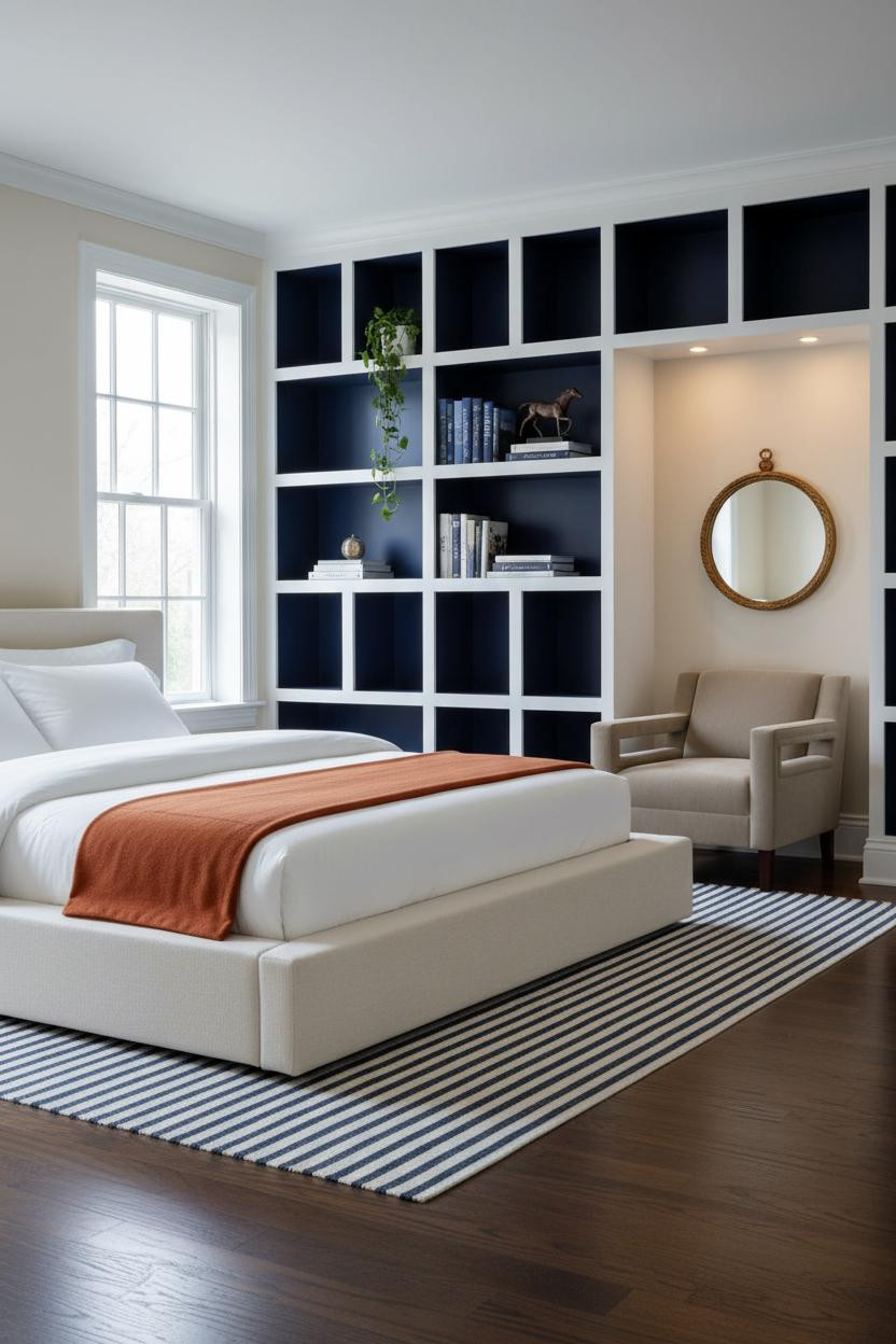 Preppy Teen Bedroom Navy Shelving Gold Mirror