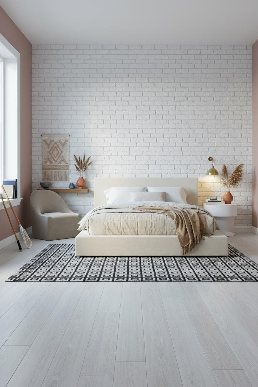 Preppy Teen Bedroom Pink Walls White Brick