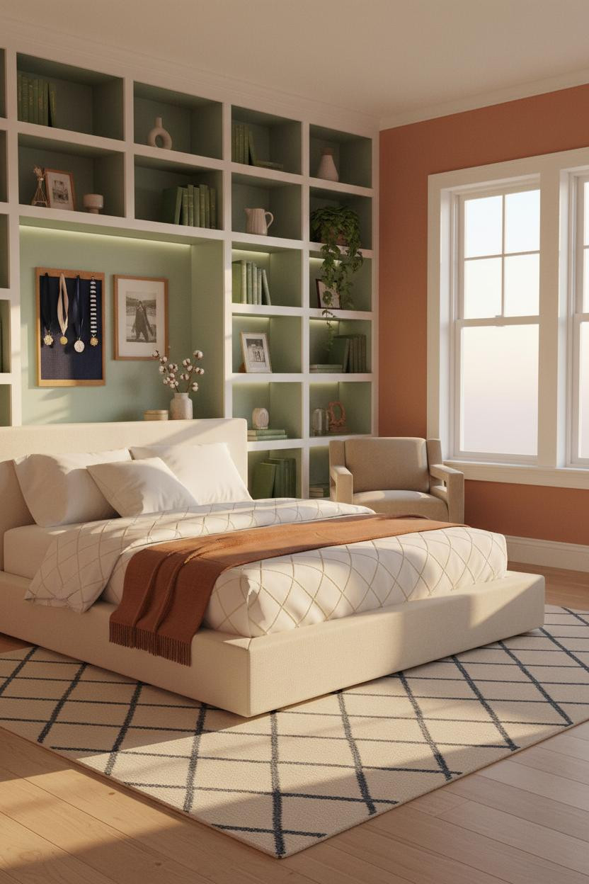 Preppy Teen Bedroom Sage Shelving Natural Light