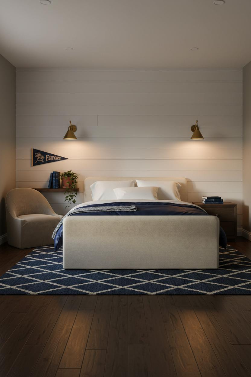 Preppy Teen Bedroom Shiplap Brass Sconces