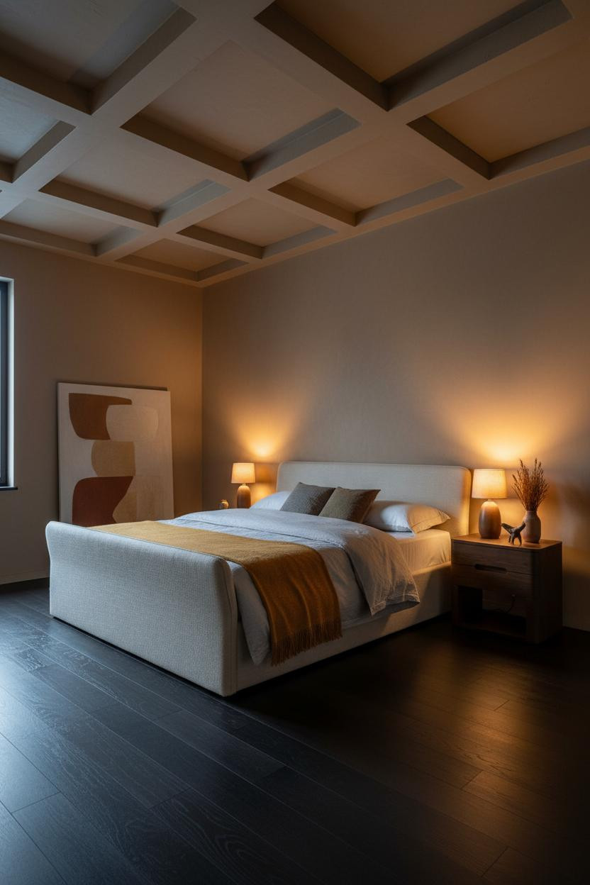 Quiet Luxury Bedroom Coffered Ceiling Design