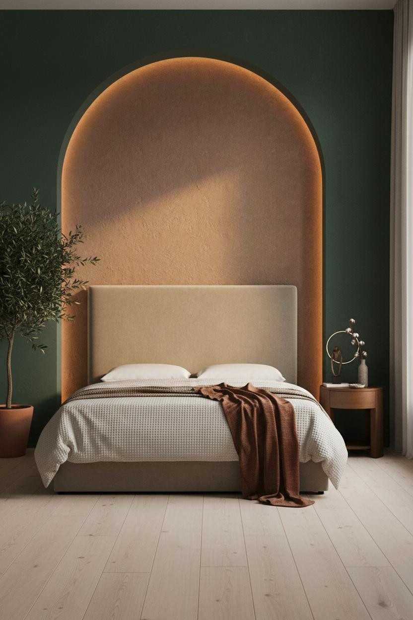 Quiet Luxury Bedroom Plaster Arch Forest Green