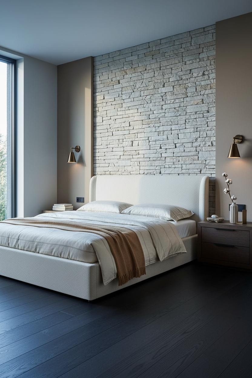 Quiet Luxury Bedroom Stone Accent Wall
