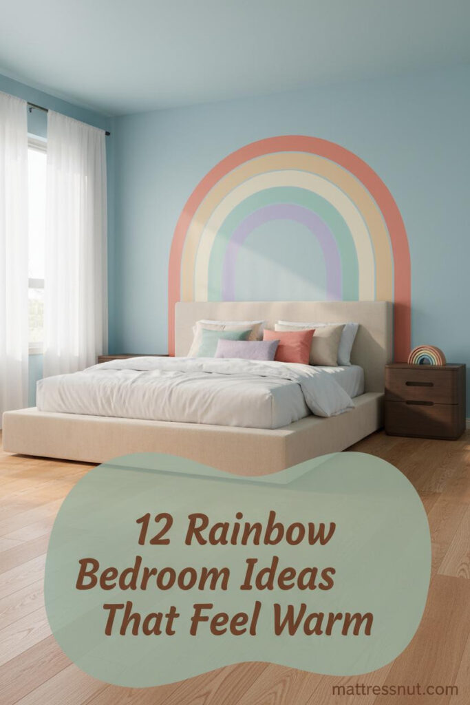 Sky blue kids bedroom with pastel rainbow arch above white cotton bedding, oak floors, colorful pillow layers and wooden arc nightstand decor