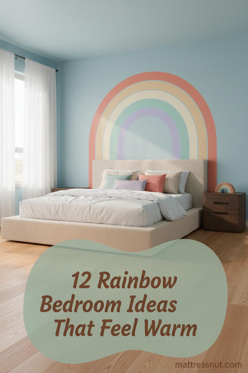 Sky blue kids bedroom with pastel rainbow arch above white cotton bedding, oak floors, colorful pillow layers and wooden arc nightstand decor