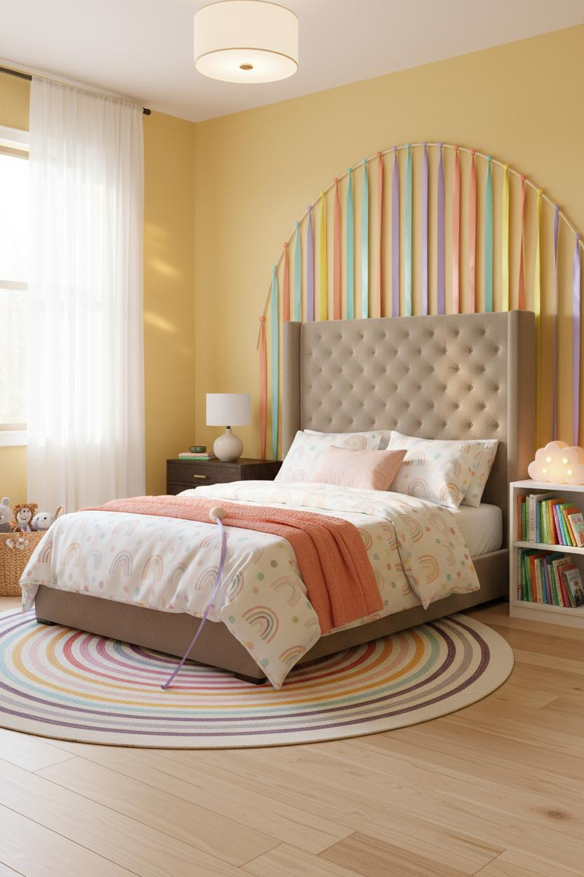 Bright, airy children's bedroom with soft pastel rainbow color palette, natural wood bed frame, white bedside lamp, clean white walls, and natural daylight from window creating calm, playful space.