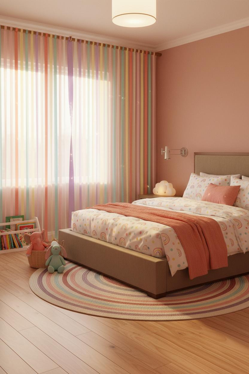 Bright, airy children's bedroom with soft pastel rainbow color palette, wooden bed frame, white bedside lamp, natural daylight, and modern bedside lamp creating a calm, playful space.