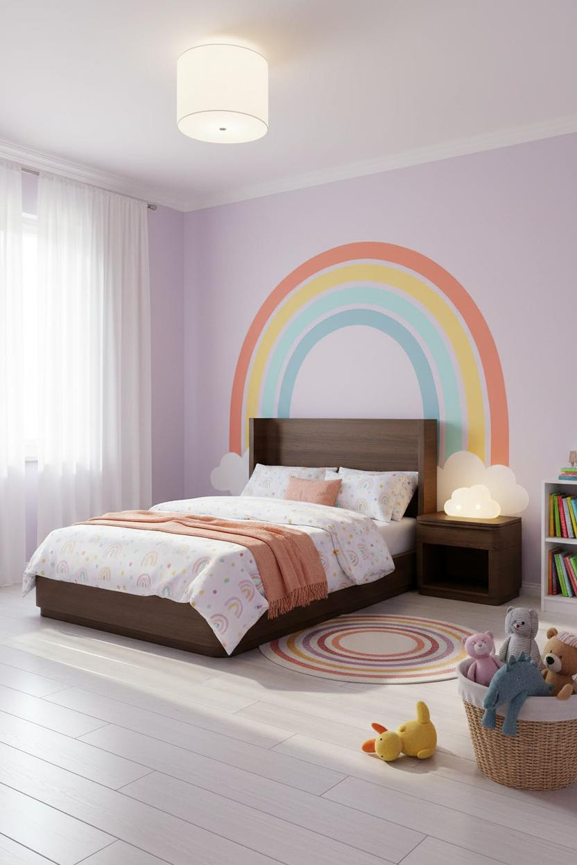 Bright pastel rainbow bedroom with soft pink, yellow, blue, and green walls, natural wood bed frame, white nightstand, and colorful bedding in a light-filled children's room.