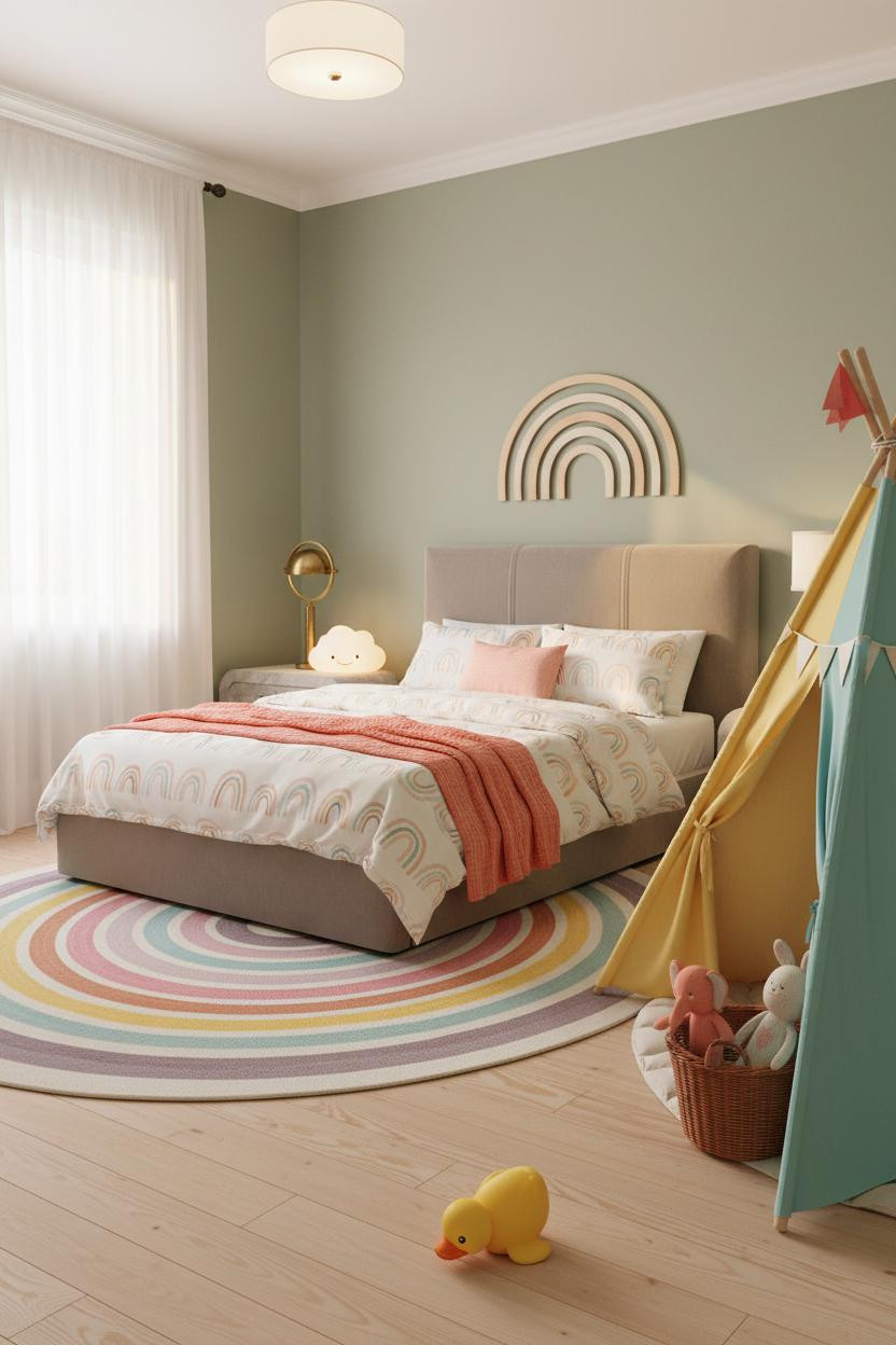 Bright rainbow bedroom with pastel-colored walls, wooden bed frame, soft bedside lamp, and natural daylight from window. Clean, airy children's room with colorful aesthetic and modern furnishings.