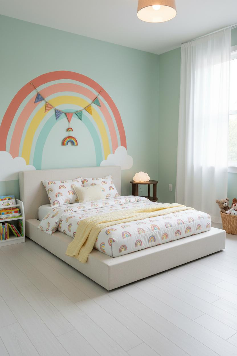 Bright rainbow bedroom with pastel colored walls, wooden bed frame, white nightstand, natural daylight from window, soft neutral bedding, and colorful wall decor in clean modern kids room.