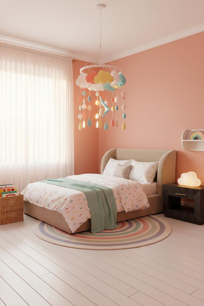 Bright rainbow toddler bedroom with soft pastel walls, natural wood bed frame, white bedding, wooden nightstand, and natural daylight from window creating clean, airy aesthetic.