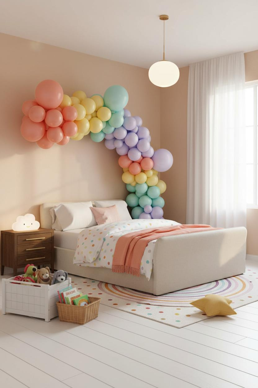 Bright, airy toddler bedroom with soft rainbow pastel walls, natural wood bed frame, white bedding, wooden nightstand, and warm natural light from window.